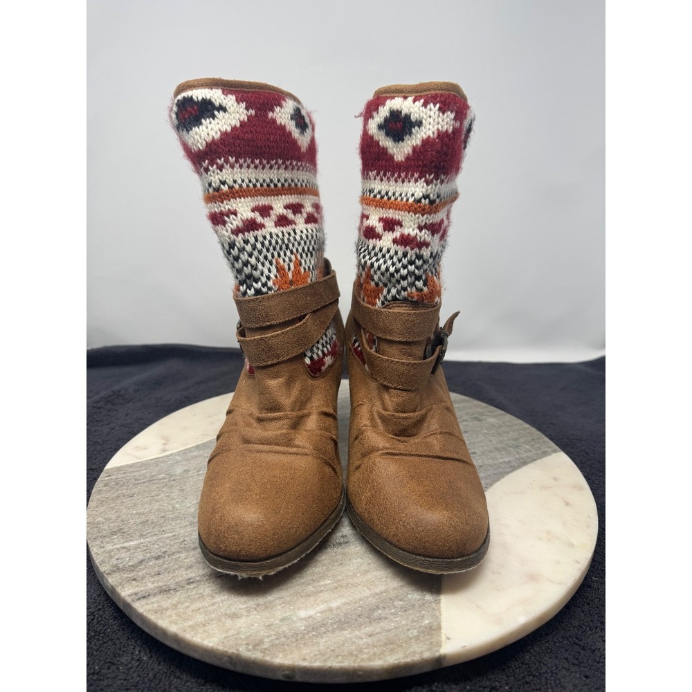 Route‎ 66 Toral Tan Faux Suede Southwestern Knit Sweater Boots Women's 9M Boho